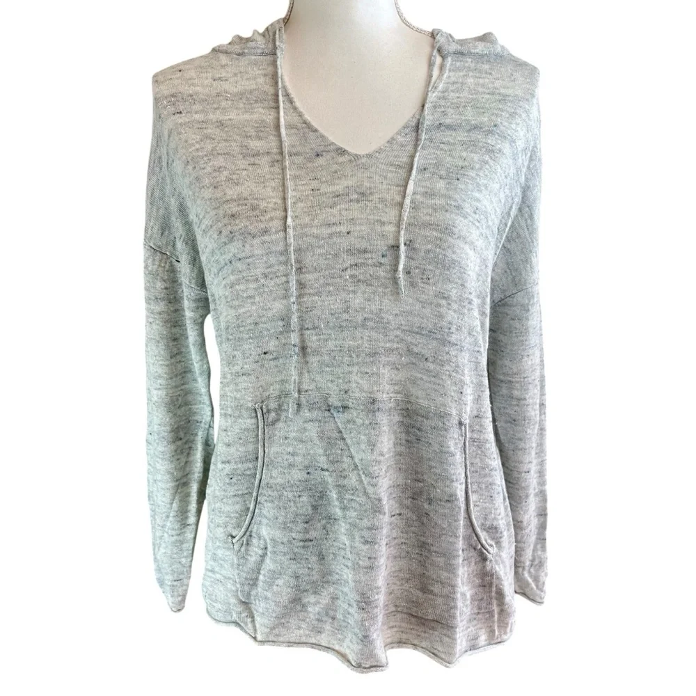 HAVEN WELL WITHIN Gray Linen Hoodie Hooded Sweater Sz M Beach Casual Sheer Light